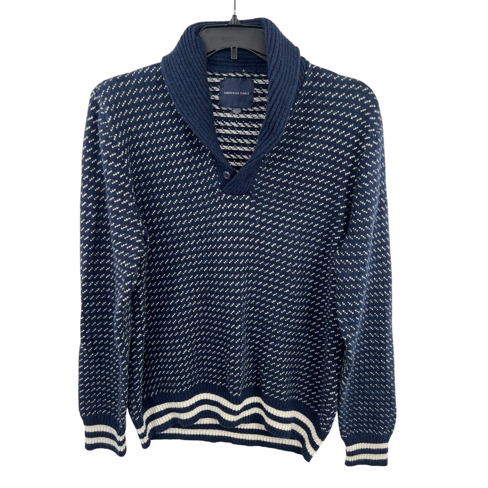 American Eagle Coastal Grandpa Shawl Collar Sweater Navy Birdseye Knit XL Cabin